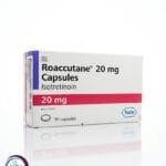 علبة كرتونية بيضاء وشريط وردي لكبسولات رواكيوتان 20 mg Roaccutane المتاحة للشحن الطبي الموثوق في السعودية والرياض.
