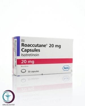علبة كرتونية بيضاء وشريط وردي لكبسولات رواكيوتان 20 mg Roaccutane المتاحة للشحن الطبي الموثوق في السعودية والرياض.