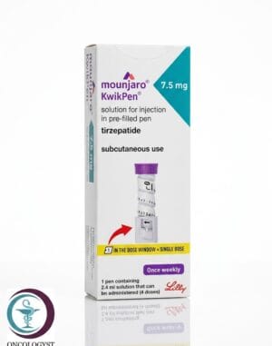 علبة كرتونية بيضاء وتراكوازية لقلم حقن مونجارو 7.5 mg المتاح للشحن الطبي الموثوق في السعودية والرياض.