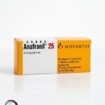 علبة كرتونية صفراء وبيضاء لأقراص أنافرانيل 25 mg المتاحة للشحن الطبي الموثوق في السعودية والرياض.