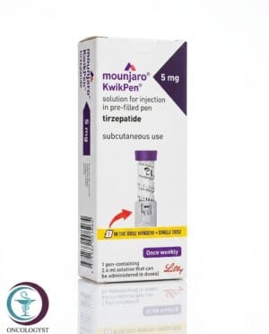 علبة كرتونية بيضاء وبنفسجية لقلم حقن مونجارو 5 mg المتاح للشحن الطبي الموثوق في السعودية والرياض.