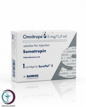 علبة كرتونية بيضاء ورمادية لخرطوشة أومنيتروب 5 mg/1.5 ml Omnitrope المتاحة للشحن الطبي الموثوق في السعودية والرياض.