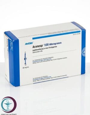 علبة كرتونية بيضاء وبأطراف زرقاء ومحاقن جاهزة لدواء أرانسب 100 mcg Aranesp المتاحة للشحن الطبي الموثوق في السعودية والرياض.