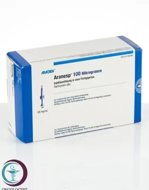 علبة كرتونية بيضاء وبأطراف زرقاء ومحاقن جاهزة لدواء أرانسب 100 mcg Aranesp المتاحة للشحن الطبي الموثوق في السعودية والرياض.