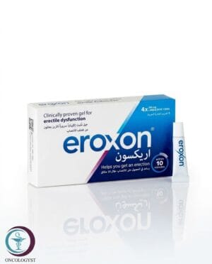 علبة كرتونية بيضاء وزرقاء لجل إريكسون الموضعي Eroxon المتاح للشحن الطبي الموثوق في السعودية والرياض.