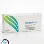 علبة كرتونية بيضاء وشريط أخضر لشريحة منع الحمل امبلانون ان اكس تي 68 mg Implanon NXT المتاحة للشحن الطبي الموثوق في السعودية والرياض.
