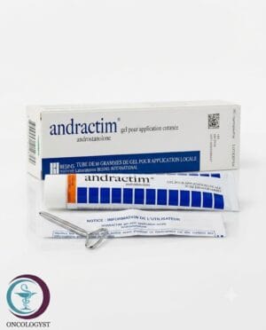 علبة كرتونية بيضاء وزرقاء مع أنبوب أندراكتيم جل موضعي Andractim المتاح للشحن الطبي الموثوق في السعودية والرياض.