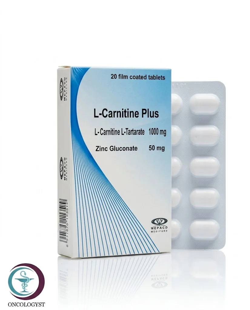 علبة كرتونية بيضاء وزرقاء لأقراص ال-كارنيتين بلس L-Carnitine Plus المتاحة للشحن الطبي الموثوق في السعودية والرياض.