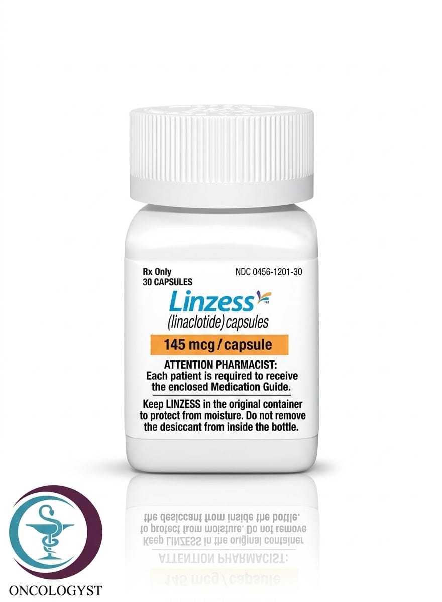 1789092559517 عبوة بيضاء بلاستيكية لكبسولات لينزيس 145 mcg Linzess المتاحة للشحن الطبي الموثوق من صيدلية اونكولوجيست في السعودية والرياض.