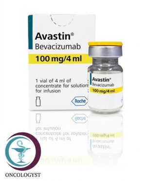 علبة كرتونية بيضاء وقارورة زجاجية بغطاء أصفر لدواء أفاستين 100 mg Avastin المتاحة للشحن الطبي الموثوق من صيدلية اونكولوجيست في السعودية والرياض.