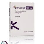 علبة كرتونية بيضاء وبشريط بنفسجي لأقراص بيروكيند 100 mg Pyrukynd المتاحة للشحن الطبي الموثوق من صيدلية اونكولوجيست في السعودية والرياض.