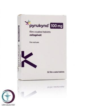 علبة كرتونية بيضاء وبشريط بنفسجي لأقراص بيروكيند 100 mg Pyrukynd المتاحة للشحن الطبي الموثوق من صيدلية اونكولوجيست في السعودية والرياض.