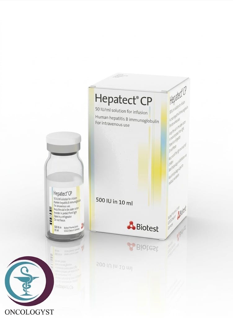 علبة كرتونية وقارورة محلول تسريب وريدي لدواء هيباتكت 500 IU Hepatect CP المتاحة للشحن الطبي الموثوق من صيدلية اونكولوجيست في السعودية والرياض.