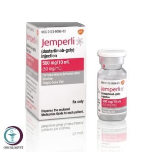 علبة كرتونية وقارورة حقن لدواء جيمبرلي 500 mg Jemperli المتاحة للشحن الطبي الموثوق من صيدلية اونكولوجيست في السعودية والرياض.