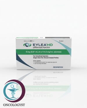 علبة كرتونية بيضاء وشريط أخضر لقارورة حقن داخل العين دواء إيليا إتش دي 8 mg Eylea HD المتاحة للشحن الطبي الموثوق من صيدلية اونكولوجيست في السعودية والرياض.