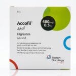 علبة كرتونية بيضاء وخضراء ومحاقن معبأة مسبقاً لدواء أكوفيل 480 mcg Accofil المتاحة للشحن الطبي الموثوق من صيدلية اونكولوجيست في السعودية والرياض.