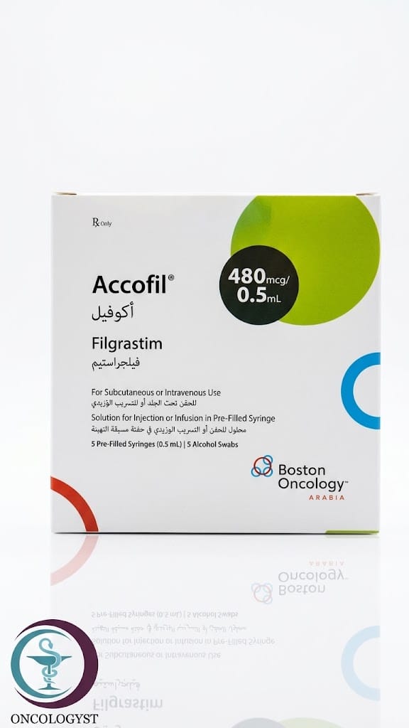 علبة كرتونية بيضاء وخضراء ومحاقن معبأة مسبقاً لدواء أكوفيل 480 mcg Accofil المتاحة للشحن الطبي الموثوق من صيدلية اونكولوجيست في السعودية والرياض.