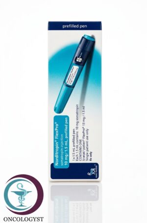 علبة كرتونية بيضاء وزرقاء وقلم حاقن معبأ مسبقاً لدواء نورديتروبين 10 mg Norditropin المتاح للشحن الطبي الموثوق من صيدلية اونكولوجيست في السعودية والرياض.