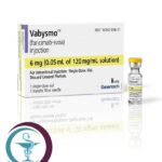 علبة كرتونية بيضاء وقارورة زجاجية بغطاء أصفر لدواء فابيزمو 6 mg Vabysmo المتاحة للشحن الطبي الموثوق من صيدلية اونكولوجيست في السعودية والرياض.