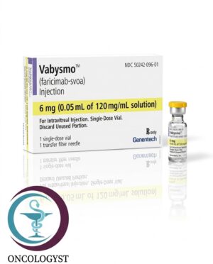علبة كرتونية بيضاء وقارورة زجاجية بغطاء أصفر لدواء فابيزمو 6 mg Vabysmo المتاحة للشحن الطبي الموثوق من صيدلية اونكولوجيست في السعودية والرياض.