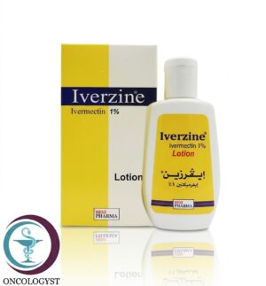 علبة كرتونية صفراء وبيضاء وزجاجة دواء إيفرزين لوشن 1% Iverzine المتاحة للشحن الطبي الموثوق من صيدلية اونكولوجيست في السعودية والرياض.