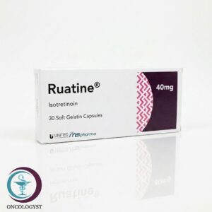 علبة كرتونية بيضاء وبنفسجية لكبسولات دواء رواتين 40 mg Ruatine من شركة إم إس فارما بعدد 30 كبسولة رخوة المتاحة للشحن في السعودية والرياض.
