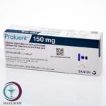 علبة كرتونية بيضاء وزرقاء لأقلام حقن برالوينت 150 mg Praluent من سانوفي بعدد قلمين مسبقي التعبئة للشحن الطبي في السعودية والرياض