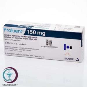 علبة كرتونية بيضاء وزرقاء لأقلام حقن برالوينت 150 mg Praluent من سانوفي بعدد قلمين مسبقي التعبئة للشحن الطبي في السعودية والرياض