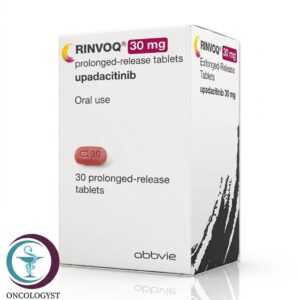 علبة كرتونية بيضاء وقرص بيضاوي أحمر لدواء رينفوك 30 mg Rinvoq من شركة أبفي بعدد 30 قرصاً المتاحة للشحن في السعودية والرياض[cite: 25].