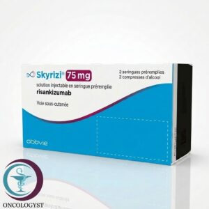 علبة كرتونية بيضاء وزرقاء لمحاقن دواء سكايريزي 75 mg Skyrizi من شركة أبفي بعدد محقنتين للشحن الطبي الموثوق في السعودية والرياض