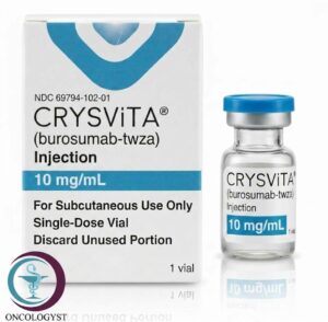 علبة كرتونية بيضاء وقارورة زجاجية بغطاء أزرق لدواء كريسفيتا 10 mg Crysvita المتاحة للشحن الطبي الموثوق في السعودية والرياض.