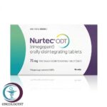 علبة كرتونية بيضاء وخضراء وبنفسجية لأقراص نورتيك 75 mg Nurtec ODT بعدد 8 أقراص سريعة الذوبان المتاحة للشحن في السعودية والرياض.