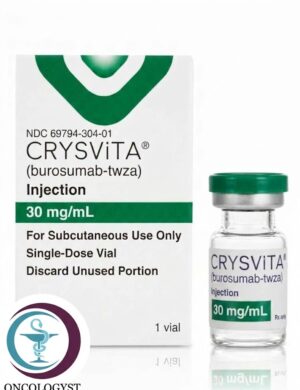 علبة كرتونية بيضاء بشريط أخضر وقارورة بغطاء أخضر لدواء كريسفيتا 30 mg Crysvita للشحن الطبي في السعودية والرياض.