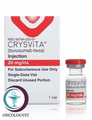 علبة كرتونية بيضاء بشريط أحمر وقارورة بغطاء أحمر لدواء كريسفيتا 20 mg Crysvita للشحن الطبي في السعودية والرياض.