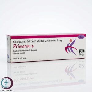 علبة كرتونية بيضاء وشريط فوشيا لكريم بريمارين إي 0.625 mg Primarin-e مع أداة التطبيق المتاح للشحن الطبي في السعودية والرياض.