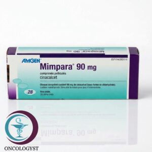 علبة كرتونية بيضاء وبنفسجية لأقراص دواء ميمبارا 90 mg Mimpara من شركة أمجن بعدد 28 قرصًا للشحن في السعودية والرياض.