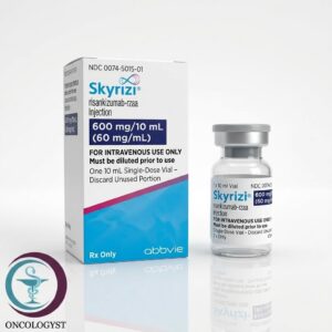 علبة كرتونية بيضاء وزرقاء وقارورة زجاجية لدواء سكايريزي 600 mg Skyrizi للتسريب الوريدي المتاحة للشحن في السعودية والرياض.
