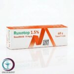 علبة كرتونية بيضاء وبرتقالية لكريم روكسوتوب 1.5% Ruxotop بحجم 60 g المتاح للشحن الطبي الموثوق من صيدلية اونكولوجيست في السعودية والرياض.
