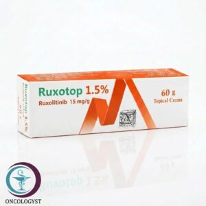 علبة كرتونية بيضاء وبرتقالية لكريم روكسوتوب 1.5% Ruxotop بحجم 60 g المتاح للشحن الطبي الموثوق من صيدلية اونكولوجيست في السعودية والرياض.