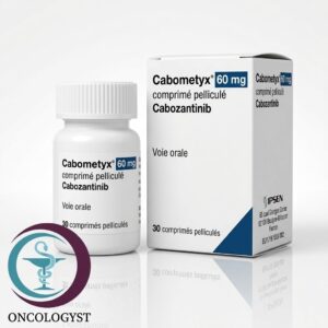 علبة كرتونية بيضاء وزرقاء وعبوة بلاستيكية لأقراص كابوميتيكس 60 mg Cabometyx من شركة إيبسن بعدد 30 قرصاً للشحن في السعودية والرياض